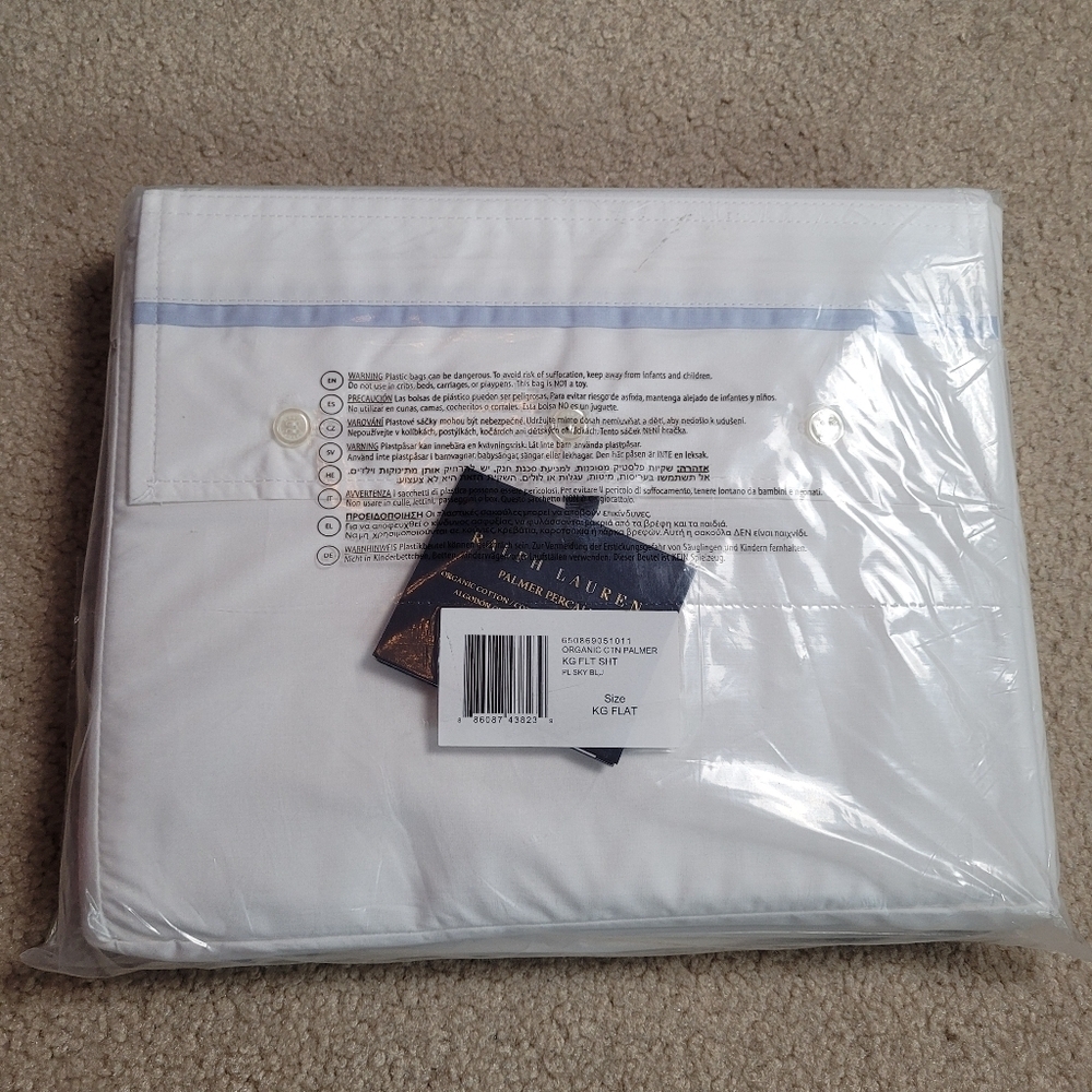 Ralph Lauren New Organic Cotton Palmer Percale King Flat Sheet White Sky Blue